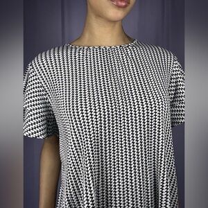 Adrianna Papell Black Houndstooth Flutter Sleeve Crew Neck Blouse Womens Size L